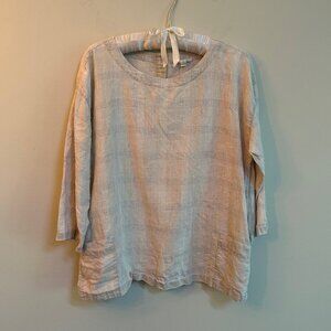 Eileen Fisher Petite Organic Linen Windowpane Top | Size PM | Tan with White & G
